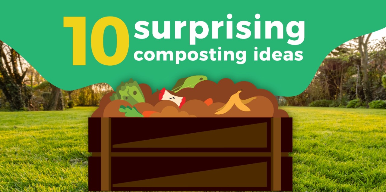 brown compost bin sitting on green grass with the phrase "10 surprising composting ideas" above