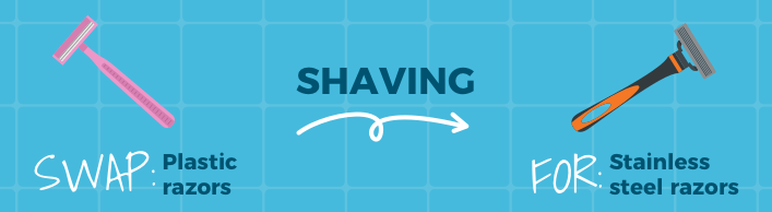 The words swap plastic razors for stainless steel razors on blue tile wall.