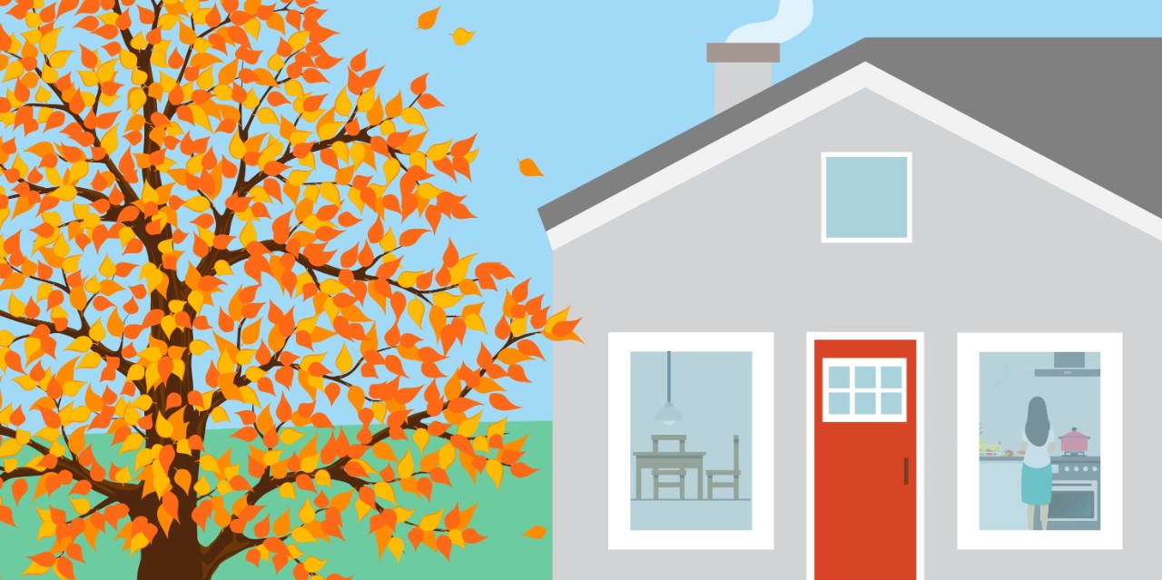 Illustration of outside of house, with a tree next to it with fall colors.