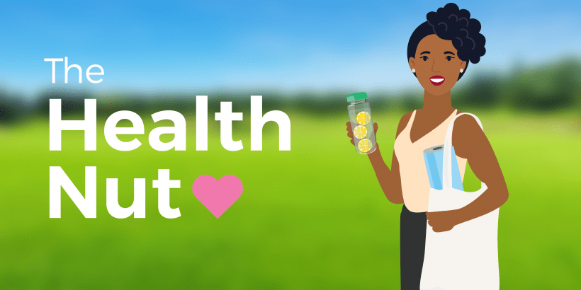 The Health Nut with illustration of woman holding a water bottle and yoga mat.