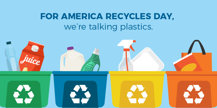 Text reads "For America Recycles Day, we’re talking plastics." Below are four recycling bins in different colors - green, blue, yellow, and red.