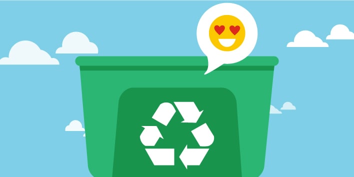 Recycling bin with chat bubble love emoticon above it.  