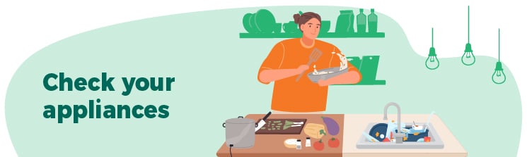 A person preparing dinner in the kitchen using several ingredients while the words check your appliances sits on the left.